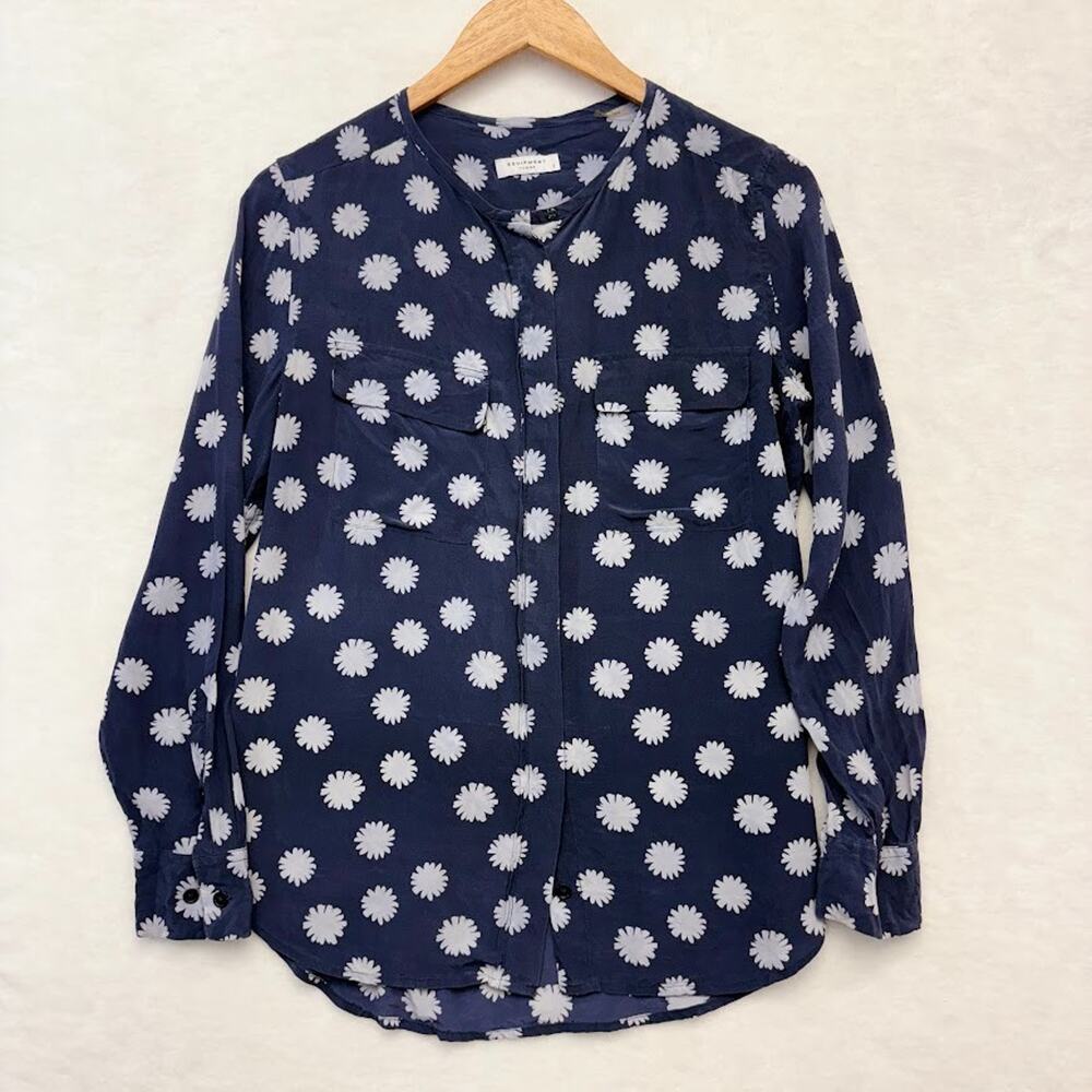 Equipment Femme Silk Blouse Floral Daisy Navy Long Sleeve Button Up Tunic Size S